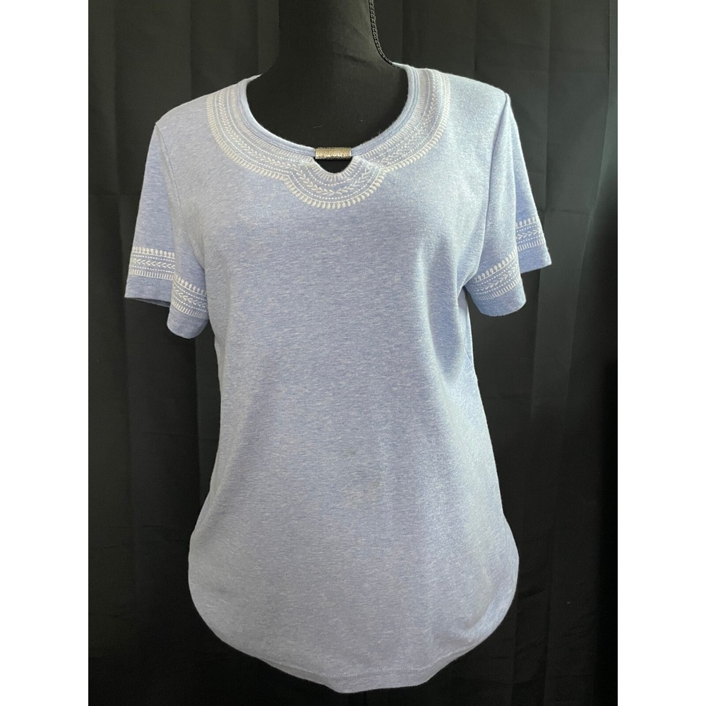 Karen Scott Women's Embroidered Blue Short Sleeve Top Size M Classic Casual
